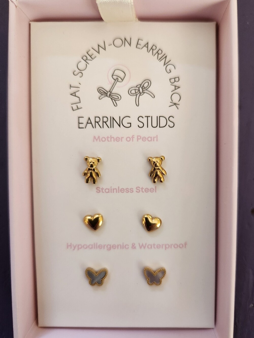 Linny & Co - Gold-Tone Heart, Teddy & Butterfly Flat Back Stud Earring Set